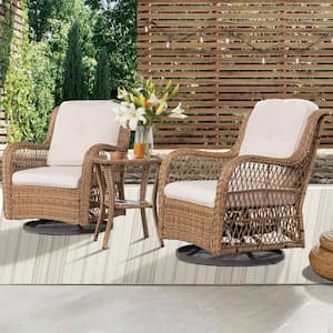 3-Piece Wicker Swivel Outdoor Rocking Chairs Set with Beige Cushions and Cover Yellow Wicker Patio Conversation Set