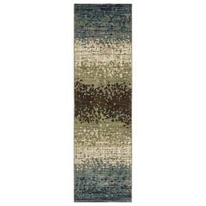 Ross Beige/Blue 2 ft. x 8 ft. Distressed Abstract Stripe Polypropylene/Polyester Fringed Indoor Runner Area Rug