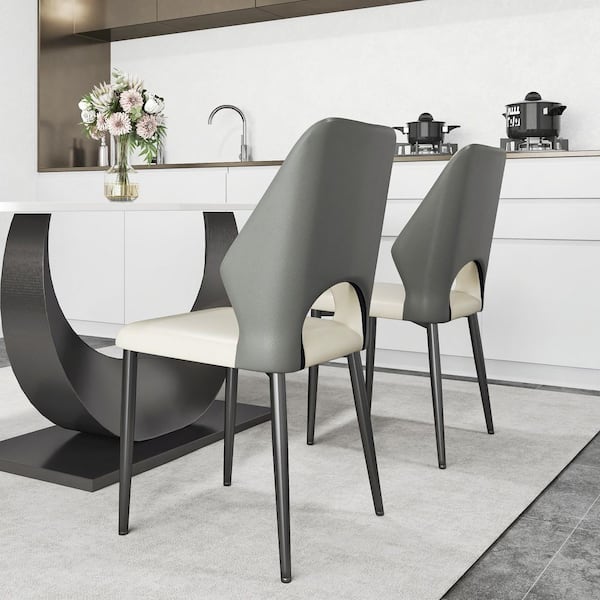 Set of 2 Modern Dining Chairs PU Leather Seat Curved Open Back with Black Iron Legs in Gray