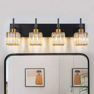 26 in. 4 Lights Black And Gold Dimmable Bathroom Vanity Light with Crystal Shades