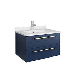Lucera 24 in. W Wall Hung Bath Vanity in Royal Blue with Quartz Stone Vanity Top in White with White Basin
