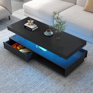 51.2 in. Black Rectangle Particle board Coffee Table with LED Lights(16 colors), 2 Drawers and Shelves