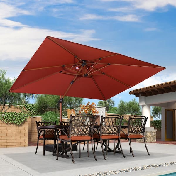 PURPLE LEAF 9 ft. x 12 ft. High-Quality Wood Pattern Aluminum Cantilever Polyester Patio Umbrella with Base, Brick Red