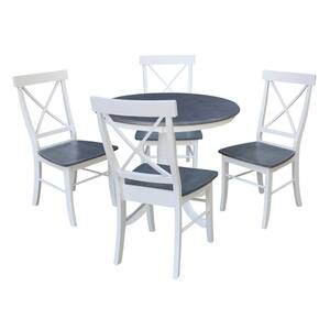 Set of 5-pcs - White/Heather Gray 36 in. Solid Wood Pedestal Table and 4 Side Chairs
