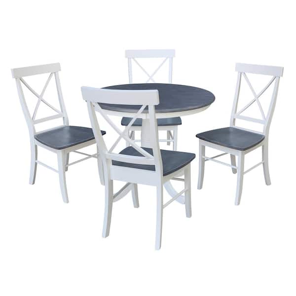 International Concepts Set of 5-pcs - White/Heather Gray 36 in. Solid Wood Pedestal Table and 4 Side Chairs