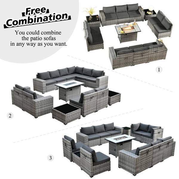 HOOOWOOO Tahoe Grey 13 Piece Wicker Wide Arm Outdoor Patio