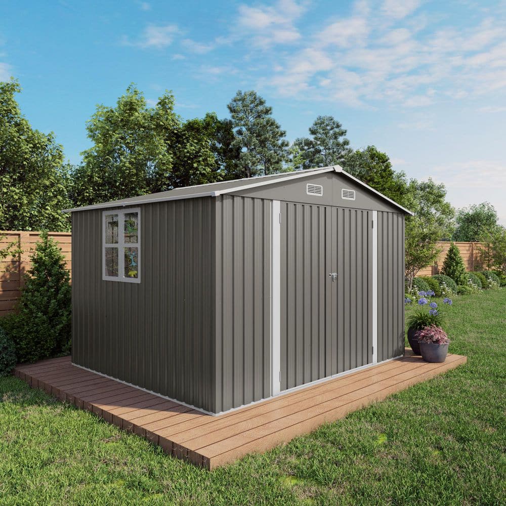 10 ft. W x 8 ft. D Gray Metal Outdoor Storage Shed with Windows