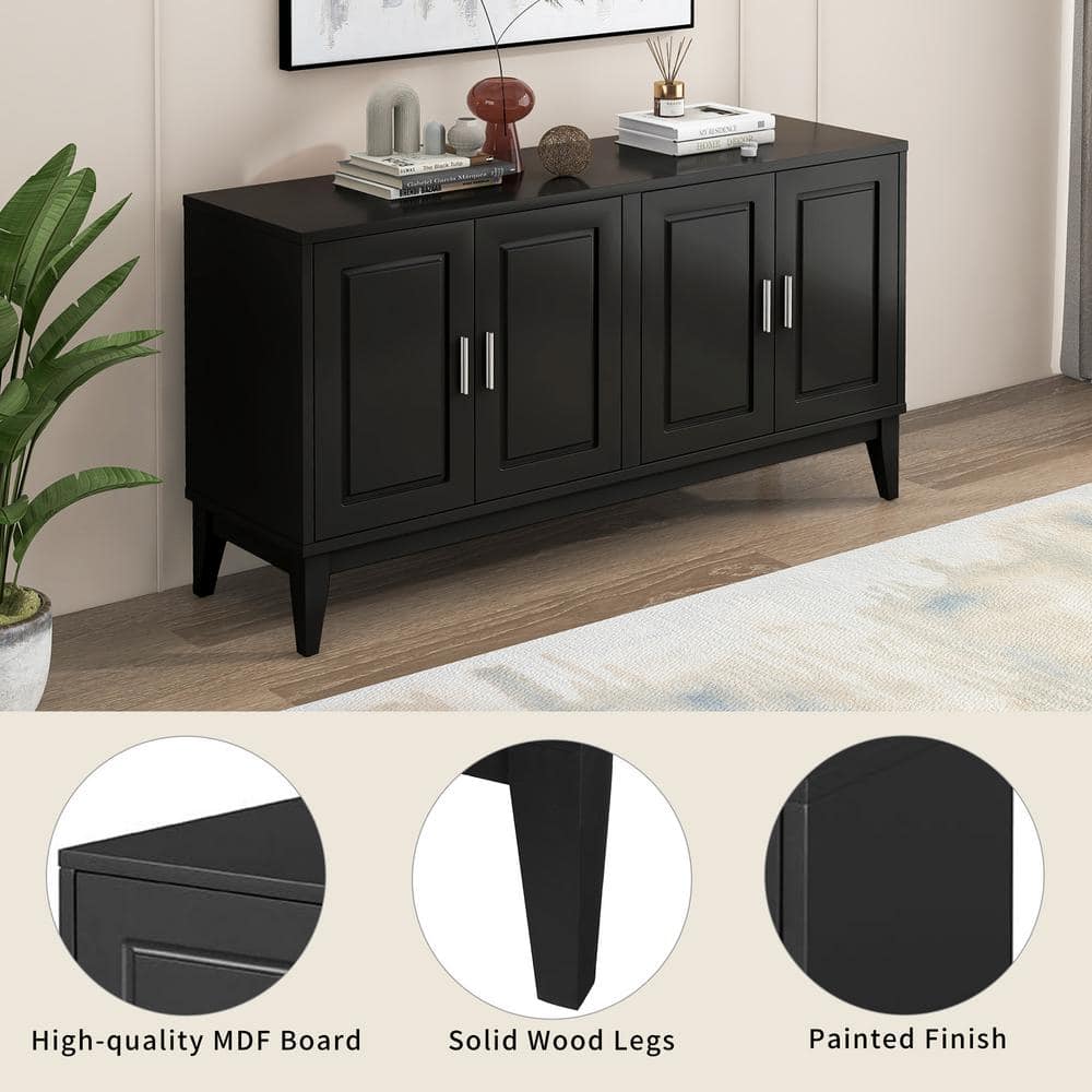 Black Rubberwood and MDF 60" Modern Sideboard with Adjustable Shelves