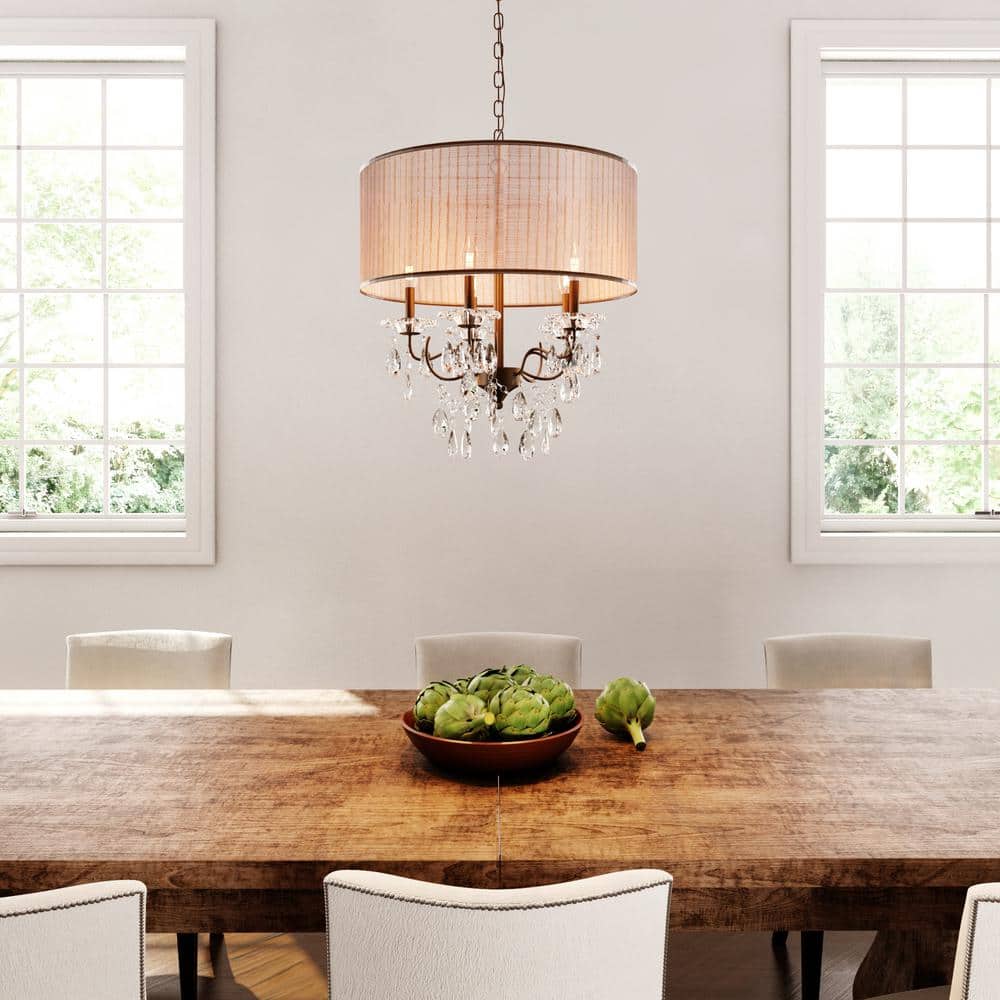 Antique Bronze Drum Chandelier with Fabric Shade