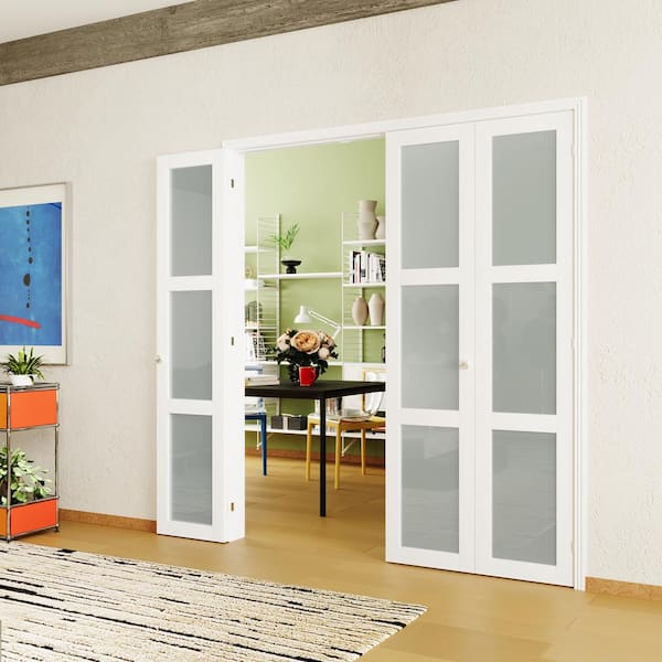 60 in. x 80 in. 3-Lite, Frosted Glass, Solid Core, MDF, PVC Covering Compack 180-Bi-Fold Door with Hardware Kits