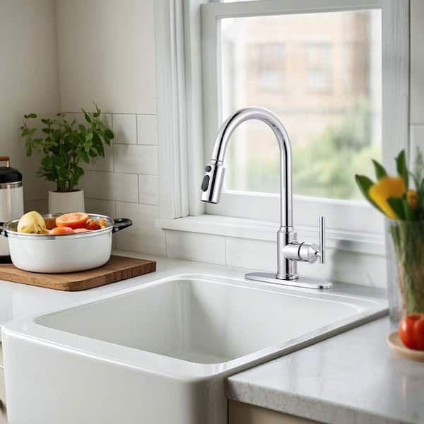 Modern High Arc Single Handle Pull-Down Sprayer Kitchen Faucet, Kitchen Sink Faucet with Deckplate in Polished Chrome