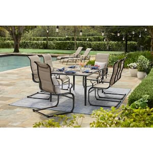 Glenridge Falls 7-Piece Metal Outdoor Dining Set with Wood Finish Table and Rocking Sling Chairs in Putty