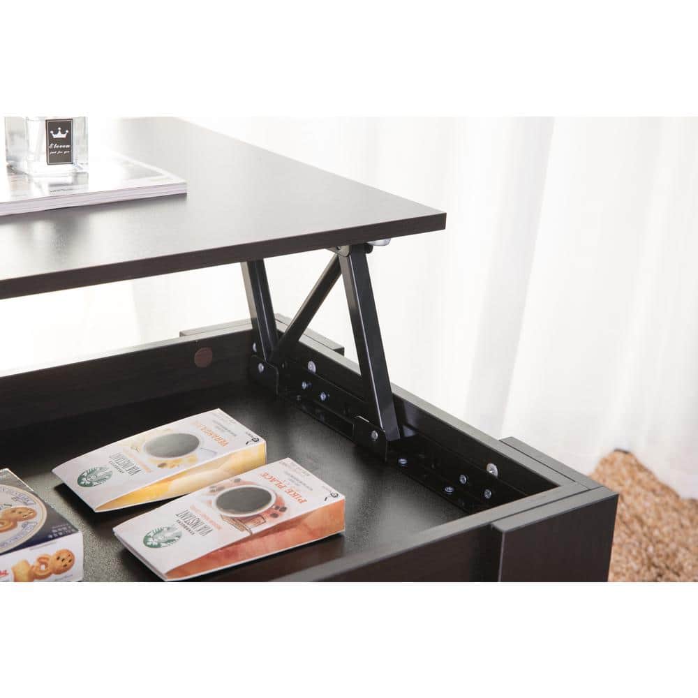 Sleek Black Wood Rectangular Coffee Table with Lift-Top Storage