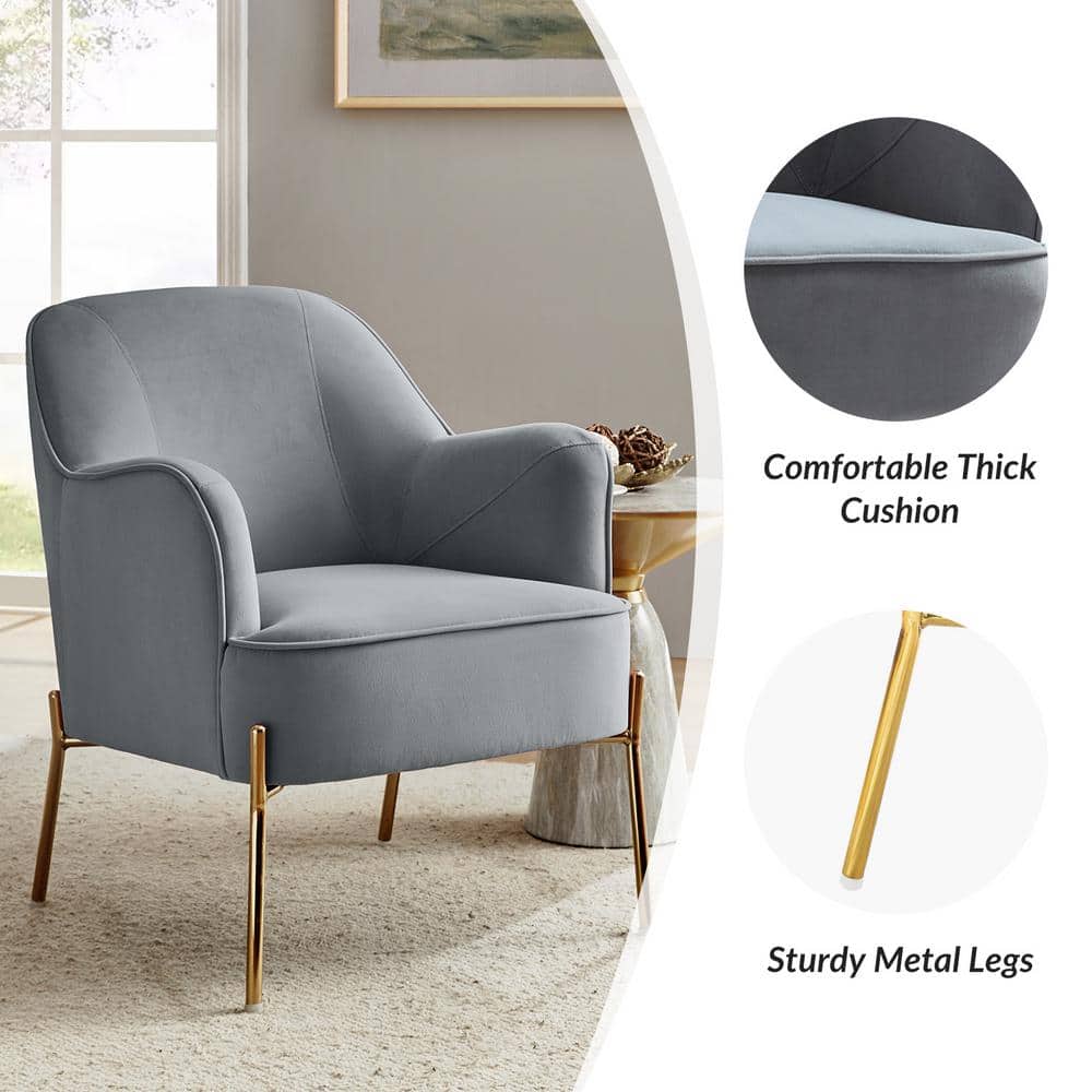 Elegant Gray Velvet Accent Chair with Golden Metal Legs