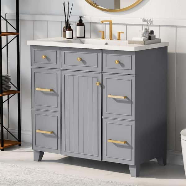 Ami 36" W Gray Freestanding White Resin Top Bathroom Vanity Cabinet With 3 Drawers