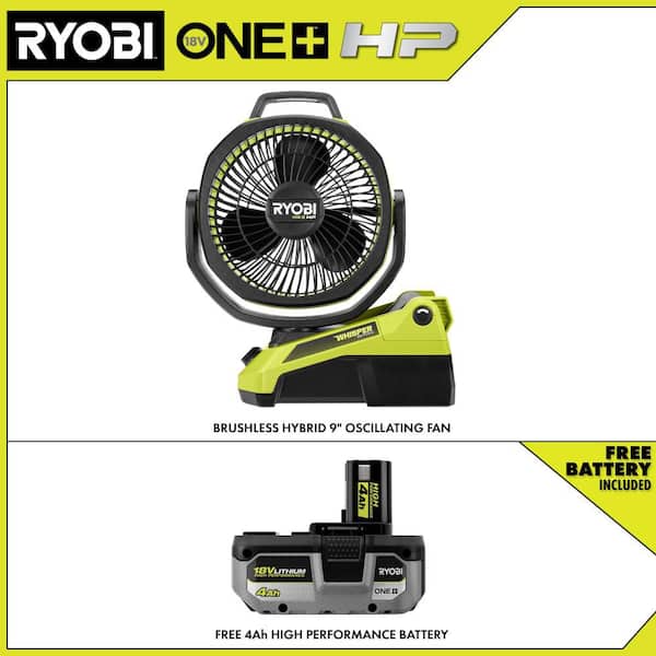 ONE+ 18V Cordless Hybrid WHISPER SERIES 9 in. Oscillating Fan with ONE+ 18V 4.0 Ah HIGH PERFORMANCE Battery
