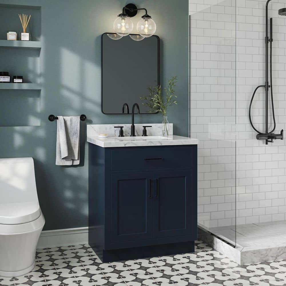 Hepburn 30 in. Single Sink Freestanding Bathroom Vanity in Midnight Blue with Carrara White Marble Top price history on PriceWatchPro