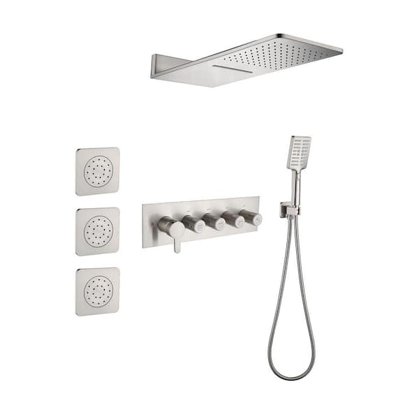 Quintuple Handles 3-Spray Waterfall Shower Faucet 2.5 GPM with Pressure Balance Valve & 3 Body Sprays in. Brushed Nickel