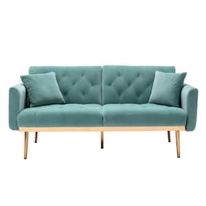 63.7 in Mint Green Wide Velvet Upholstered 2-Seater Convertible Sofa Bed with Golden Metal Legs