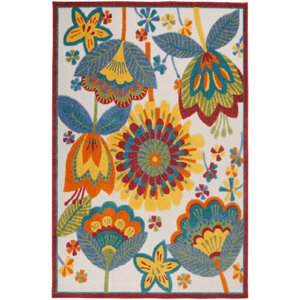 Nourison Aloha Multicolor 4 ft. x 6 ft. Floral Contemporary Indoor/Outdoor Patio Area Rug