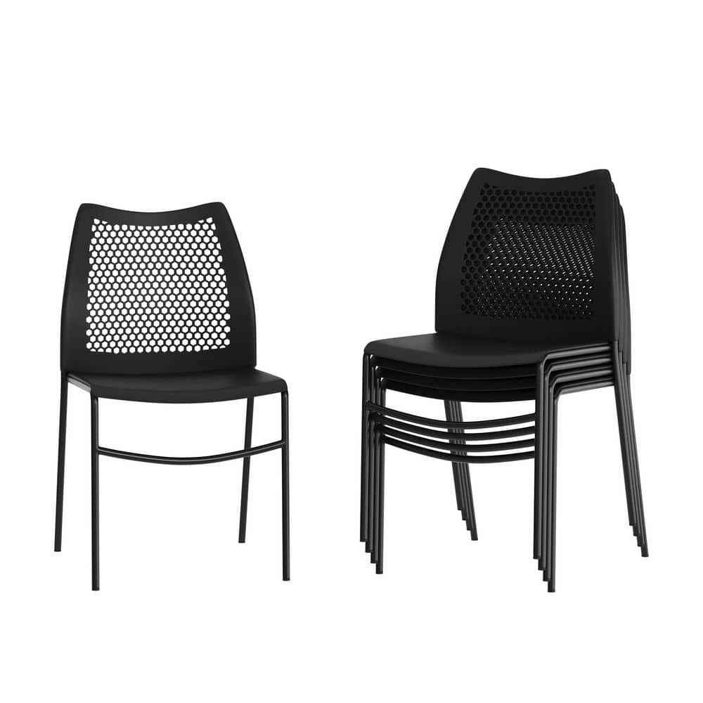 Hercules Black Plastic/Black Frame Stack Chair Set of 5 with Air-Vent Back
