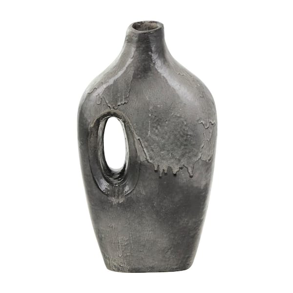 Litton Lane 14 in. Gray Marble Inspired Paper Mache Decorative Vase with Cutout Handle