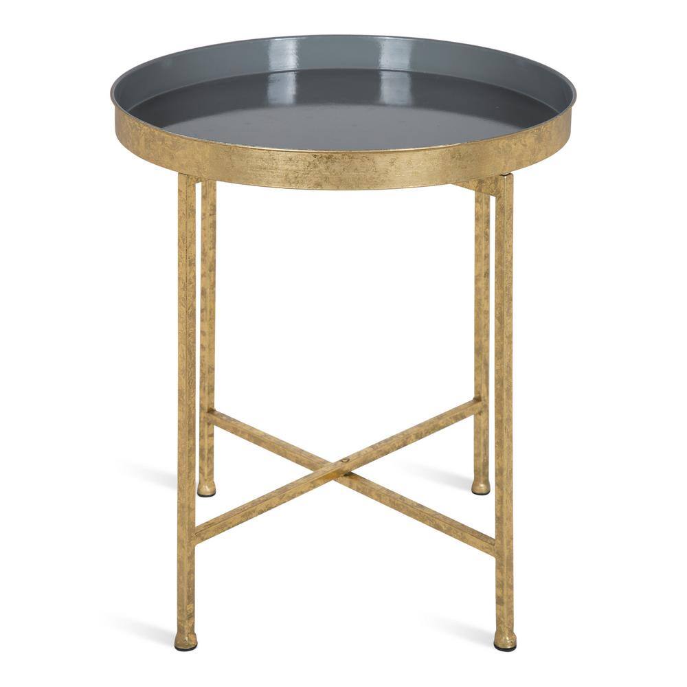 Gold and Gray Round Metal Mirrored End Table
