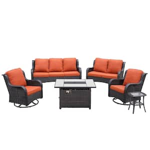 Demeter Brown 6-Pcs Wicker Patio Rectangular Fire Pit Set with Orange Red Cushions and Swivel Rocking Chairs