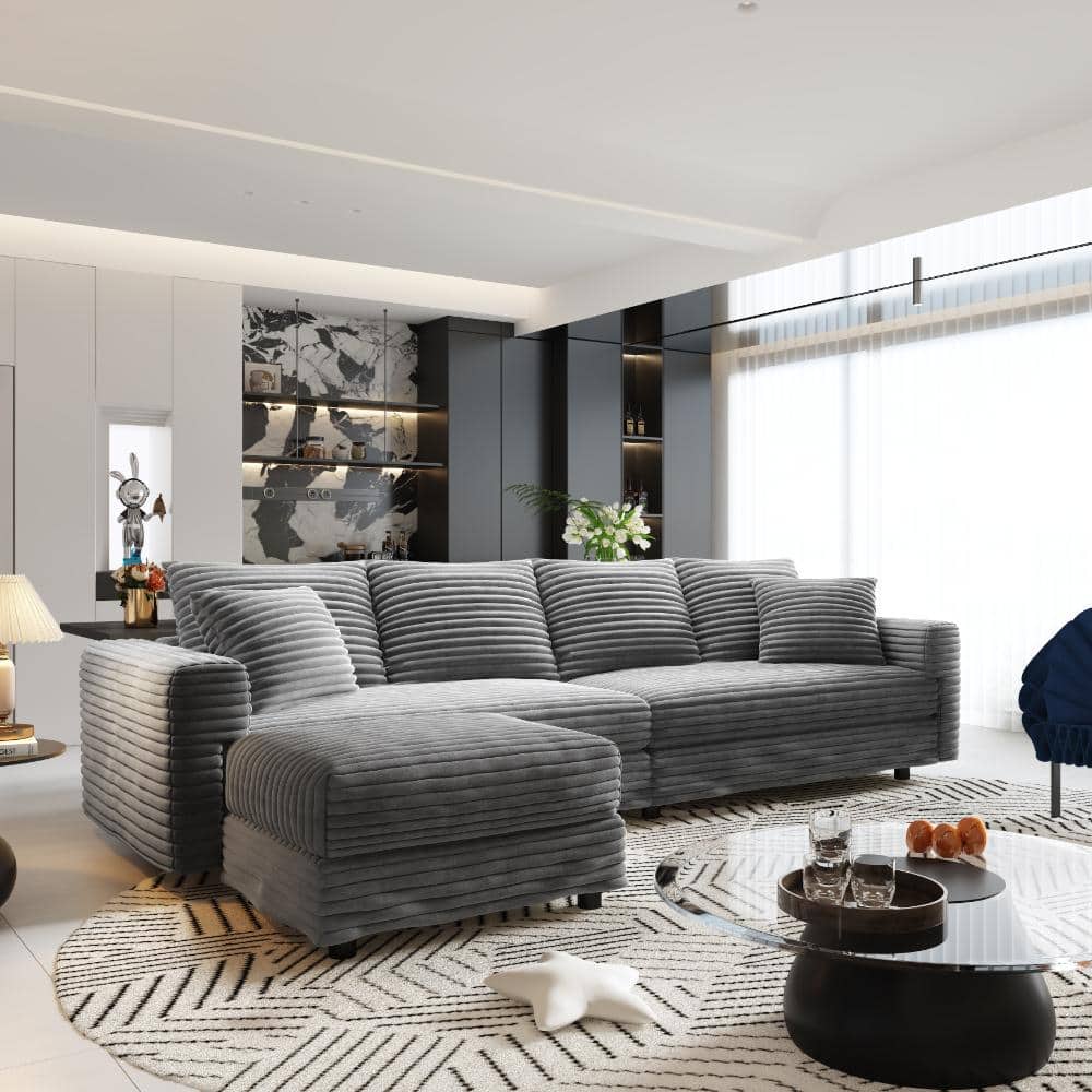 Gray 102.4 in. Corduroy Upholstered 4-Seat Convertible Sofa with Movable Ottoman and Soft Pillows price history on PriceWatchPro