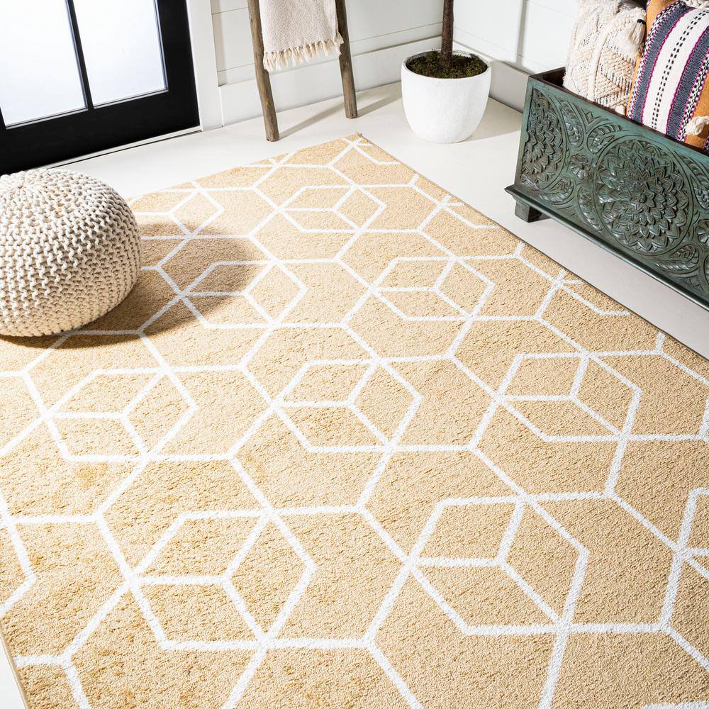 Gold and White Geometric Flat Woven Reversible Rug