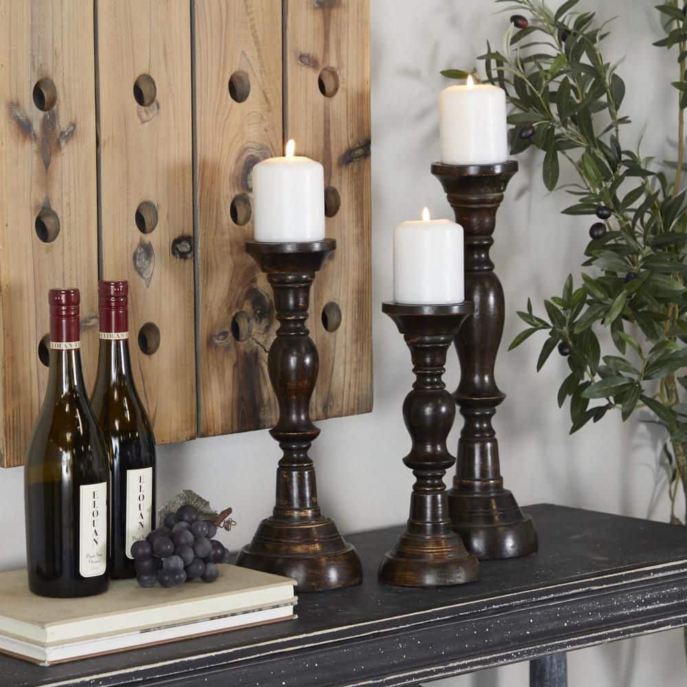 Elegant Espresso Wood Candle Holder Trio, 18" 15" 12"H
