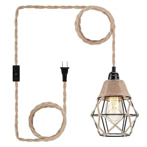 6.29 in. 1-Light Black Geometric Shaded Retro Plug-in Hand Woven Hemp Pendant Light with On/Off Switch for Dining Room