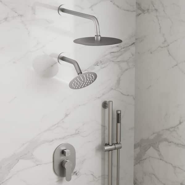 GRANDJOY 3 in 1 Showers with Valve 3-Spray Dual Wall Mount 10 in. Fixed and Handheld Shower Head 2.5 GPM in Brushed Nickel