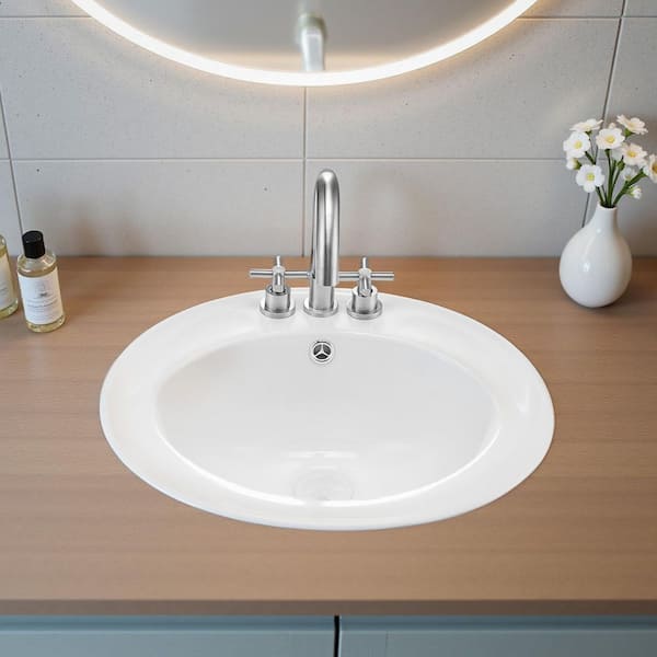 Semi Recessed Bathroom Sink, 19.09 x 16.73 In. Oval White Ceramic Sink with Overflow & 3 Faucet Holes, Drop In Basin