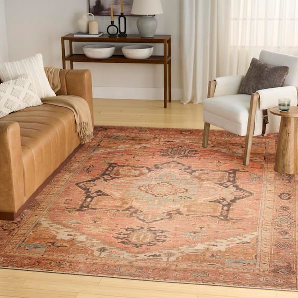 Vintage Washables Coral Multicolor 9 ft. x 12 ft. Center Medallion Traditional Area Rug