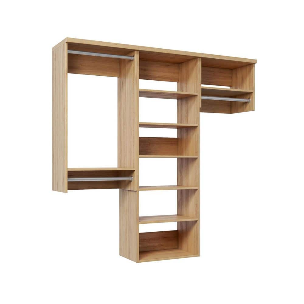 76.5 in. W Natural Oak Reach-in Wall-Mount 3-Rod 7-Shelf Wood Closet System