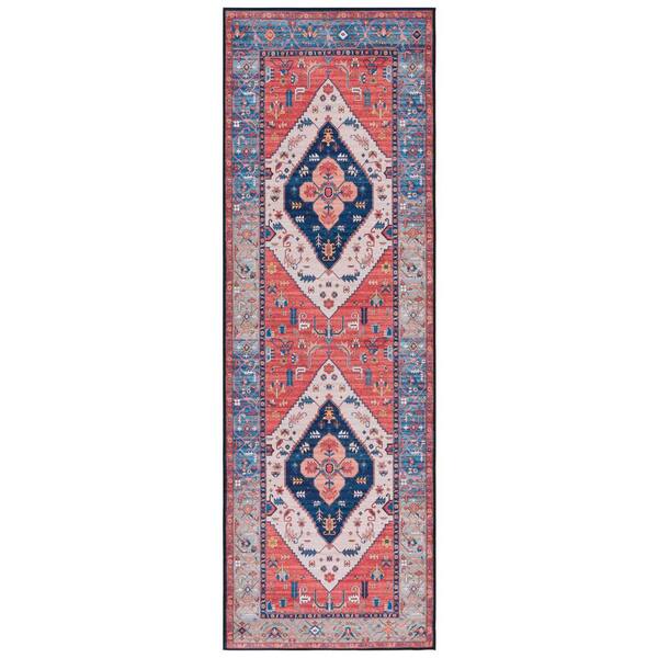 SAFAVIEH Tuscon Rust/Blue 3 ft. x 8 ft. Machine Washable Medallion Border Runner Rug