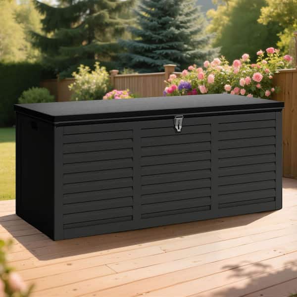 130 Gal. Black Upgraded Resin Deck Box, Outdoor Storage Box Waterproof with Hydraulic Rod and Side Handle, Lockable