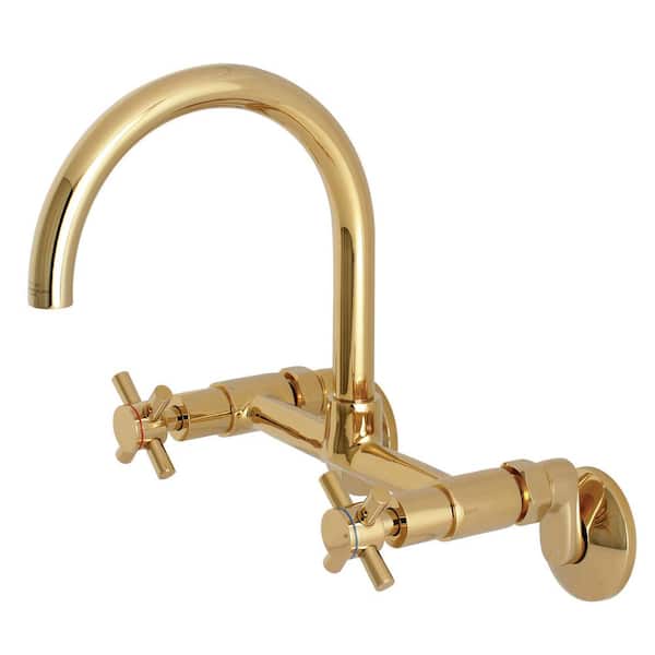 Kingston Brass Modern Adjustable Center 2-Handle Wall-Mount Standard Kitchen Faucet in Polished Brass