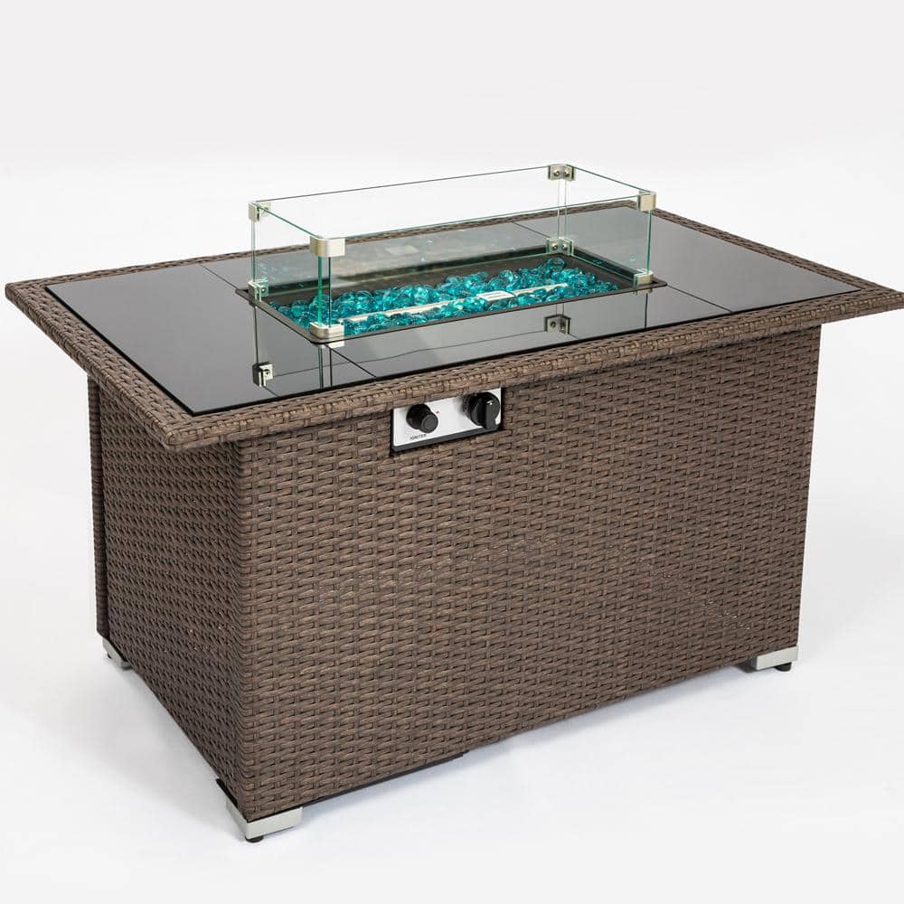 Brown Wicker Outdoor Fire Pit Table Rectangle with Tempered Glass Tabletop 