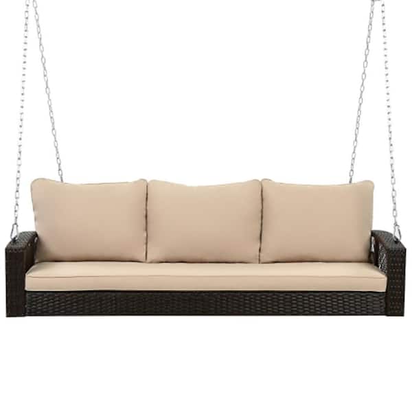 Deluxe 69 in. PE Wicker 3-Person Porch Swing Bench with Cushions for Backyard, Garden, and Poolside Relaxation, Brown