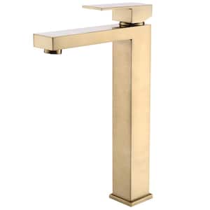 Single Handle Single Hole Bathroom Faucet with Water Supply Lines in Brushed Gold - Tall