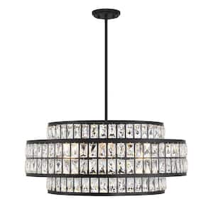Renzo 28 in. W x 12 in. H 6-Light Matte Black Statement Pendant Light with Crystal Accents