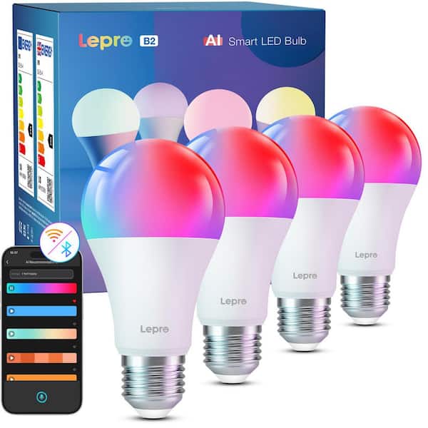 75-Watt Equivalent A19 Color Changing A-Style Smart LED Light Bulb, RGBCCT Dimmable WiFi Bluetooth (4-Pack)