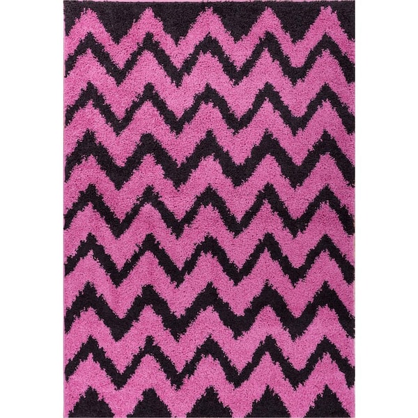 Well Woven Madison Shag Chevron Fuschia 3 ft. x 5 ft. Modern Area Rug