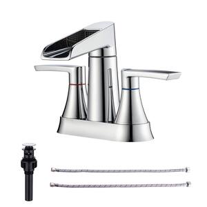 Waterfall Spout 4 in. Centerset 2-Handle Lavatory Bathroom Faucet with Drain Kit Included in Chrome