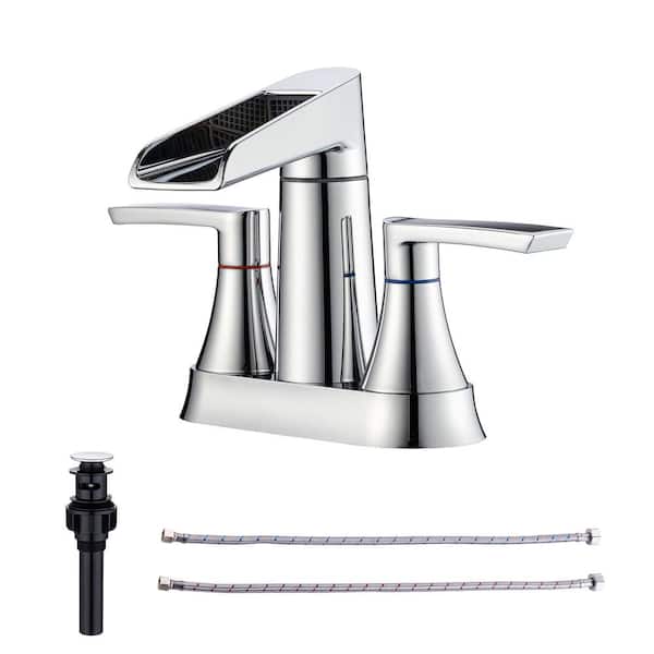 RAINLEX Waterfall 4 in. Centerset 2-Handle Lavatory Bathroom Faucet with Drain kit Included in Polished Chrome