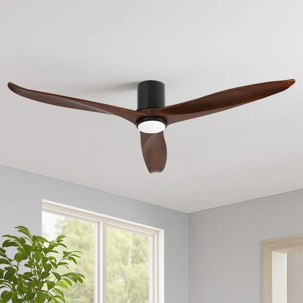 60 in. Modern Solid Wood 3-Blade Propeller Flush Mount Ceiling Fan with Remote and Integrated LED, Black