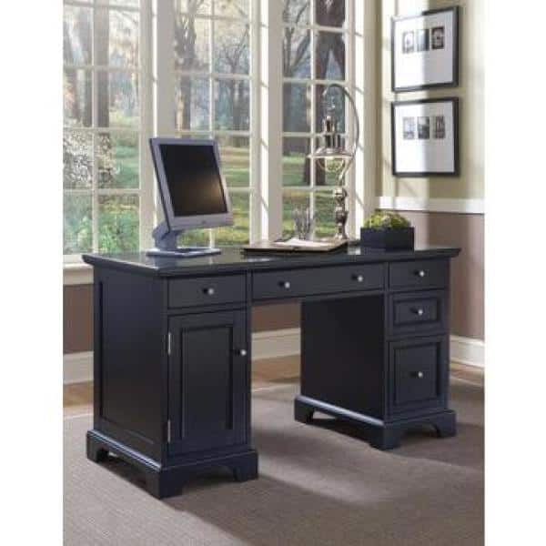 Bedford Black Wood Executive Desk with Drawers and Keyboard Tray