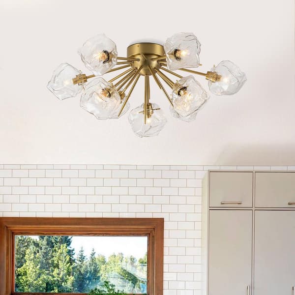 Y'INSP Leonie 27.2 in. 9-Light Brass Mid Century Modern Semi-Flush Mount Ceiling Light Sputnik Chandelier with Shade